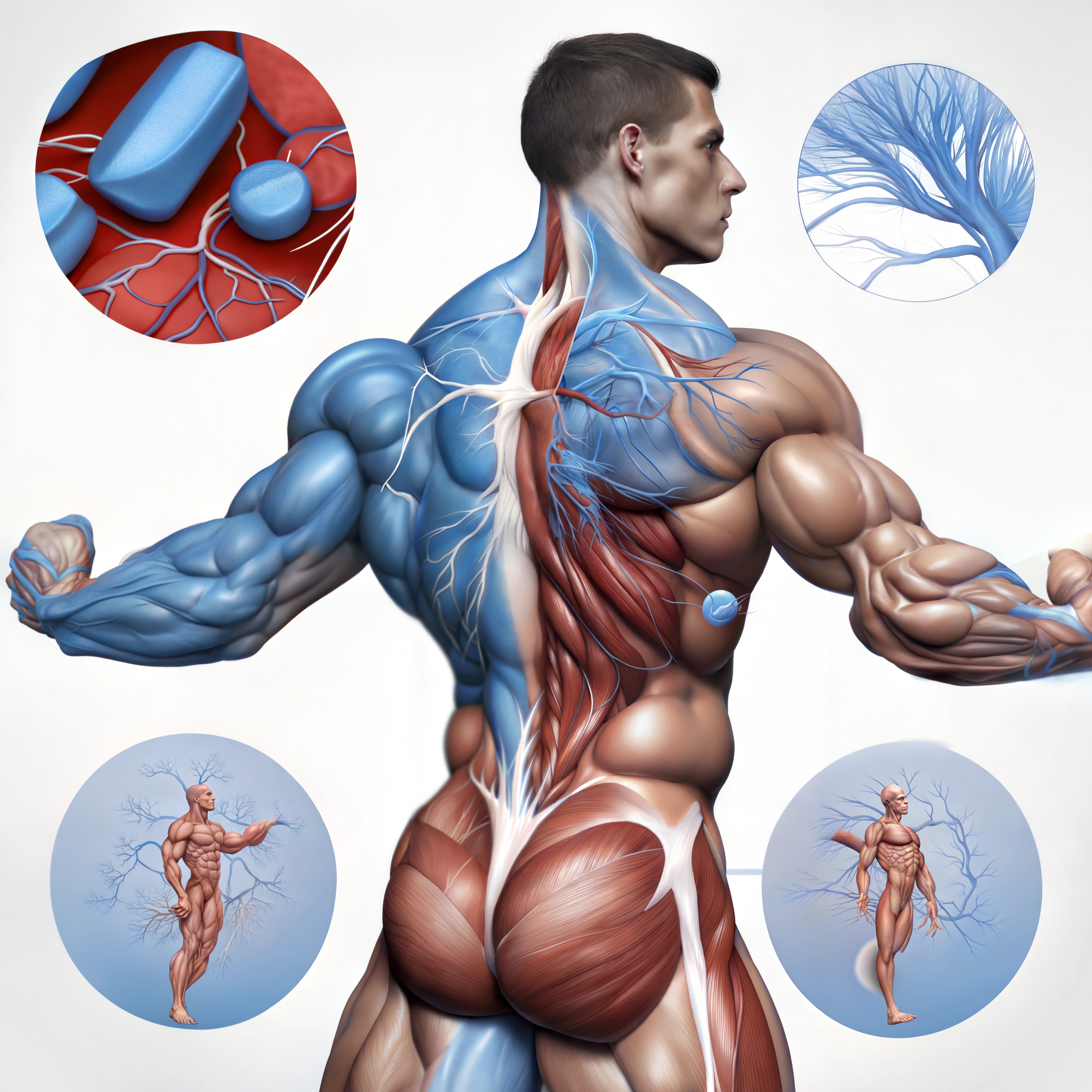 Anatomická ilustrácia svalovej a cievnej sústavy športovca