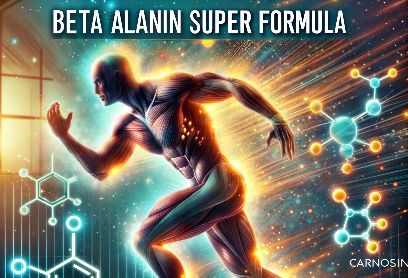 Beta alanín super formula – anatomická ilustrácia bežca so svalmi a molekulami pre športový výkon