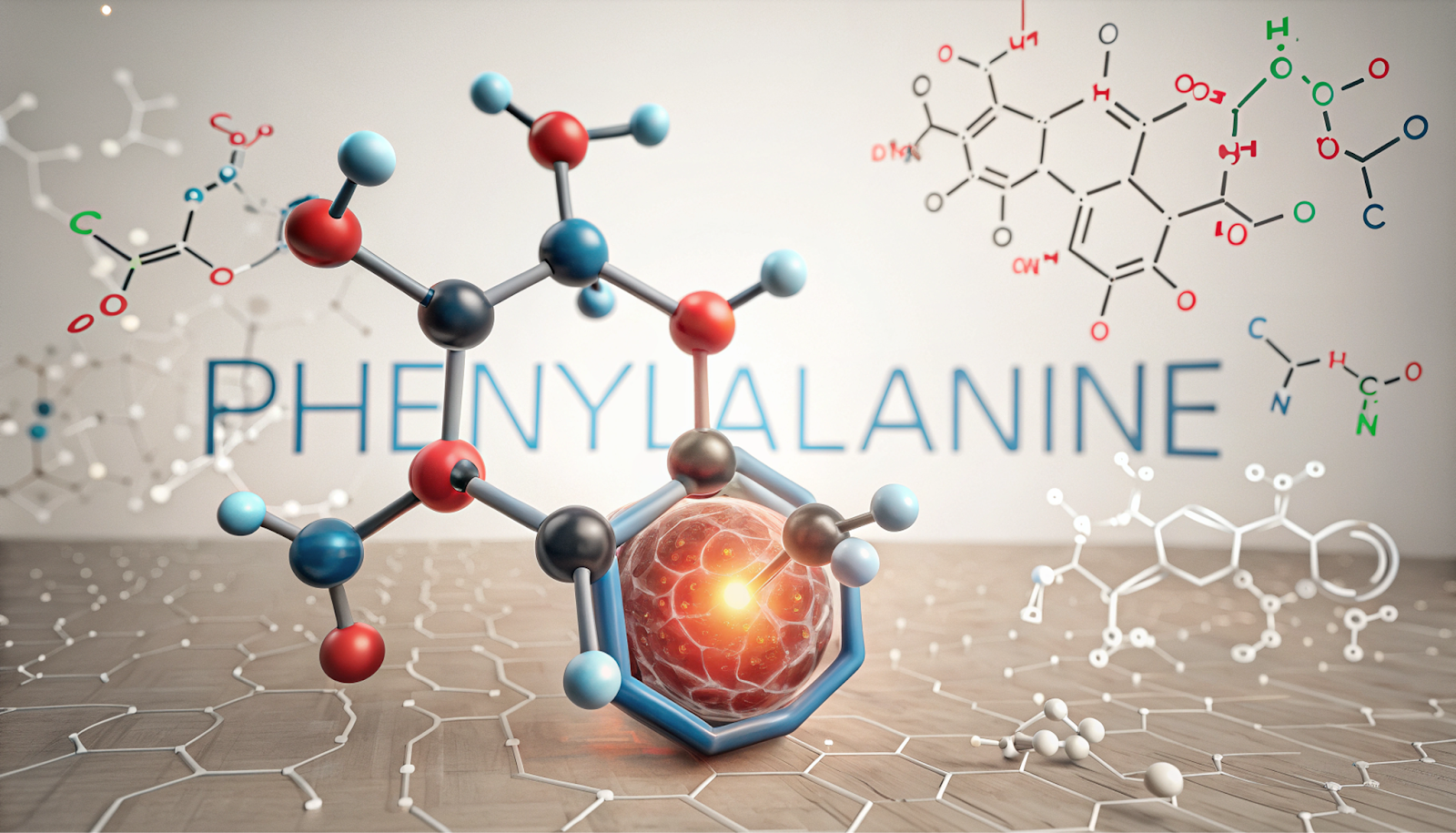 3D molekulárny model aminokyseliny fenylalanín s chemickými vzorcami